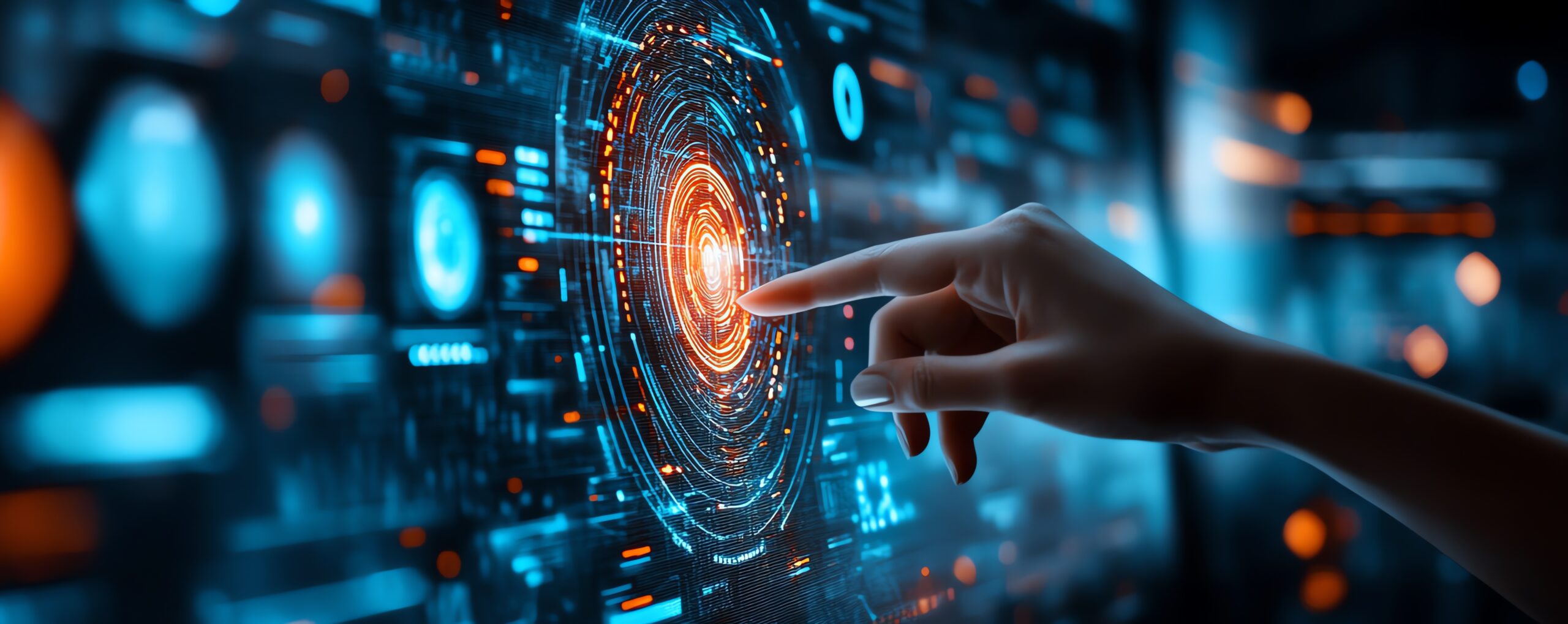 beVault: Unleashing Data Reusability with Data Vault Methodology Hand touching futuristic interface, illustrating beVault's data reusability capabilities powered by Data Vault methodology