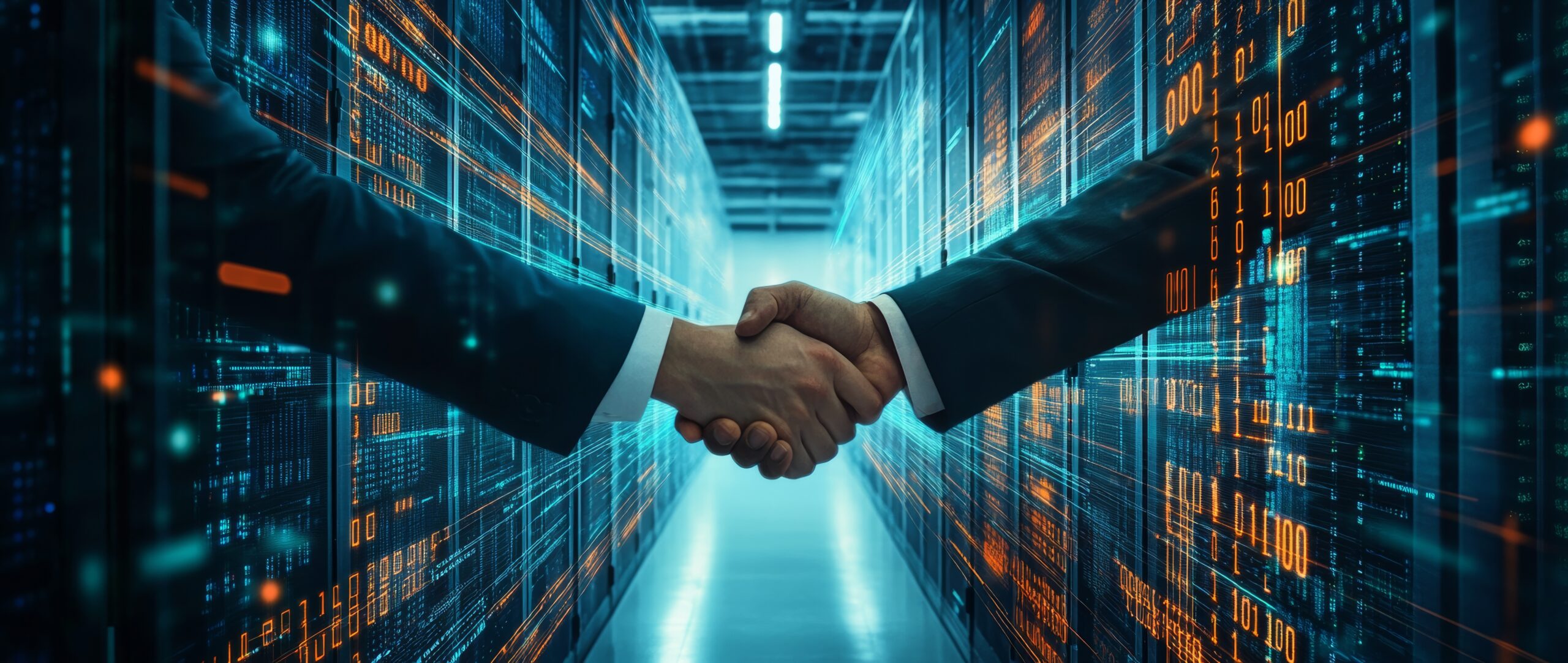 ata Vault and beVault: Revolutionizing Enterprise Data Management Professional handshake in front of Data Vault visualization, symbolizing trust in data management with beVault