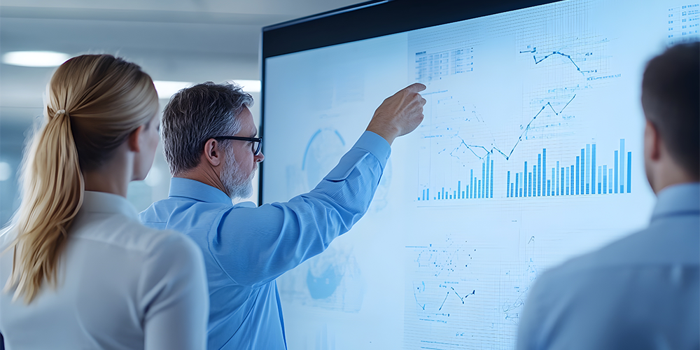 bevault-unified-data-analysis-team. beVault data unification: Business team analyzing unified, de-duplicated data charts for improved decision-making