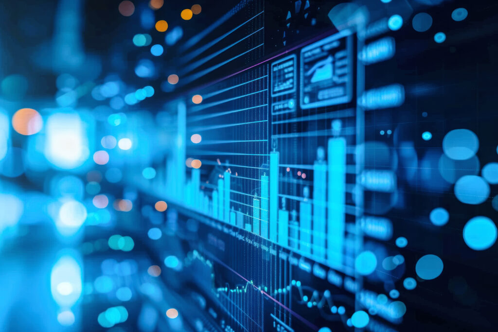 Close-up of a laptop with holographic bar charts, illustrating the live dashboards powered by the beVault data warehouse at Parking.brussels