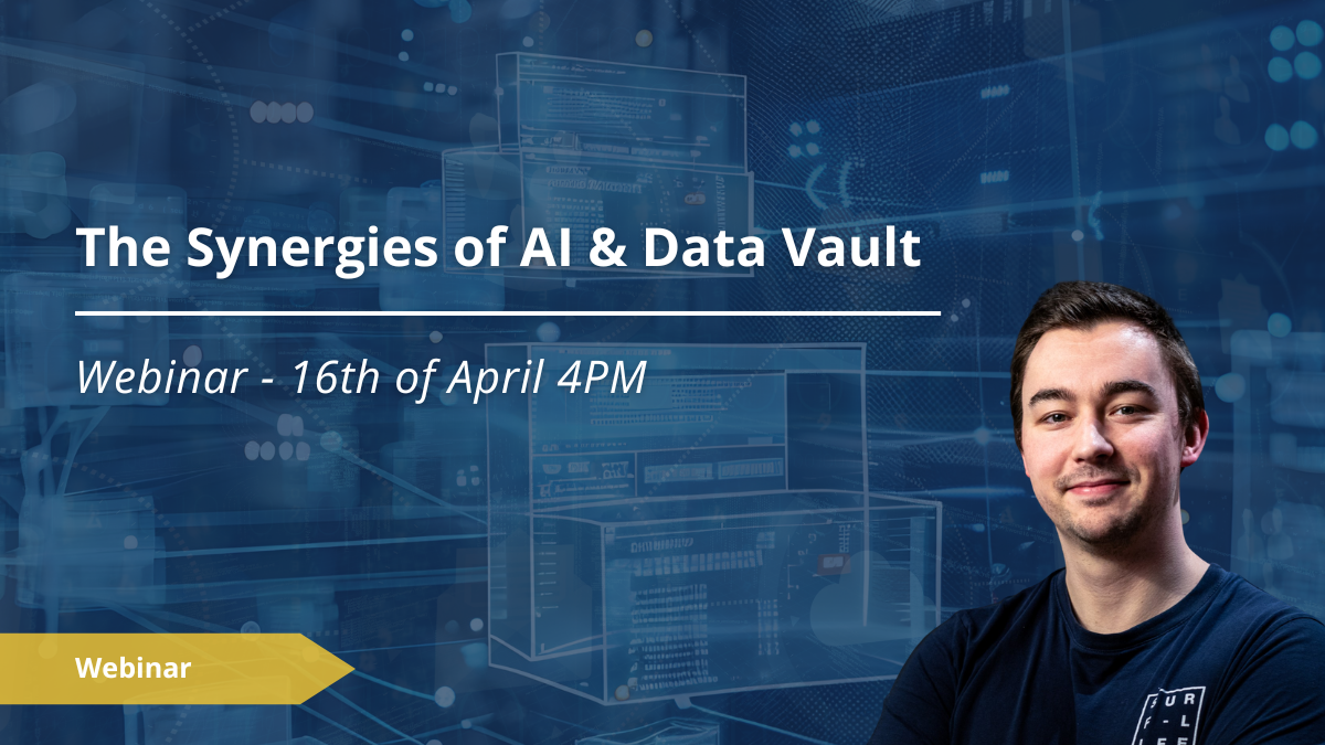 Webinar banner for The Synergies of AI & Data Vault taking place on April 16th at 4PM, featuring data expert Marc de Burlet.