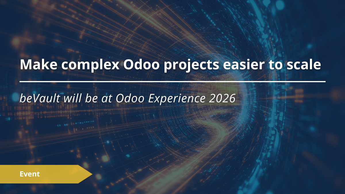beVault at Odoo Experience 2026, presenting its data platform for complex Odoo projects, reporting, integrations and performance optimization.